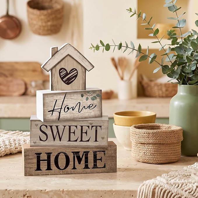 Moucuny 4 Pcs Farmhouse Table Decor Rustic Home Sweet Home Tiered Tray Decorations Retro Wooden House Shaped Block Signs Farmhouse Stacked Table Decoration for Housewarming Gifts Kitchen Mantle Shelf - Image 4
