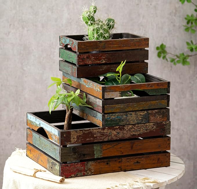 TIMRIS Set of 3 Rustic Distressed Wood Nesting Crates, Farmhouse Decorative Wooden Storage Boxes, Large Vintage Reclaimed Wood Baskets for Display (Random) by TIMRIS