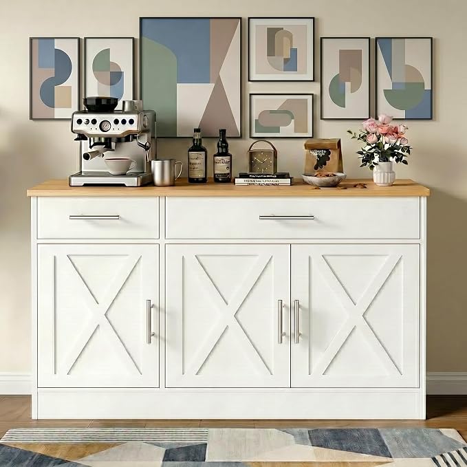 Vongrasig Buffet Cabinet with Storage, 43” Farmhouse Coffee Bar Cabinet with 3 Doors, Wood Buffet Table for Kitchen Dining Room Living Room, Off White - Image 3