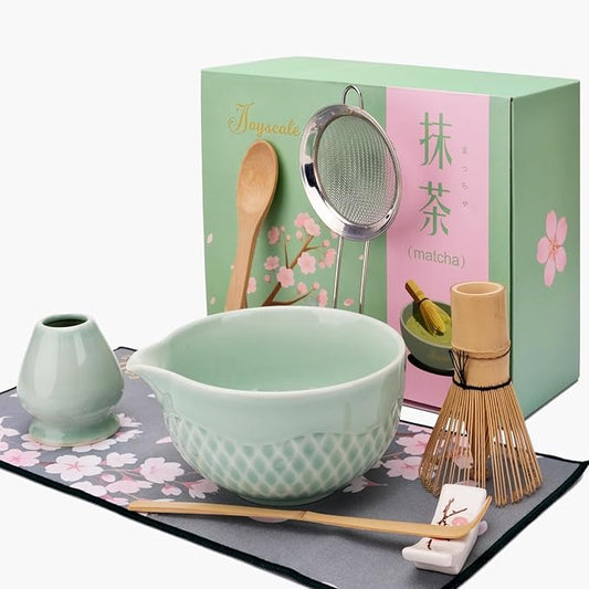 Joyscale Matcha Whisk Set, Matcha Set Whisk And Bowl, 8 Pcs Matcha Kit Set(Texture Design), 16 OZ, Japanese Matcha Tea Set, Matcha Making Kit Gifts for Tea Lovers(Celadon Green)