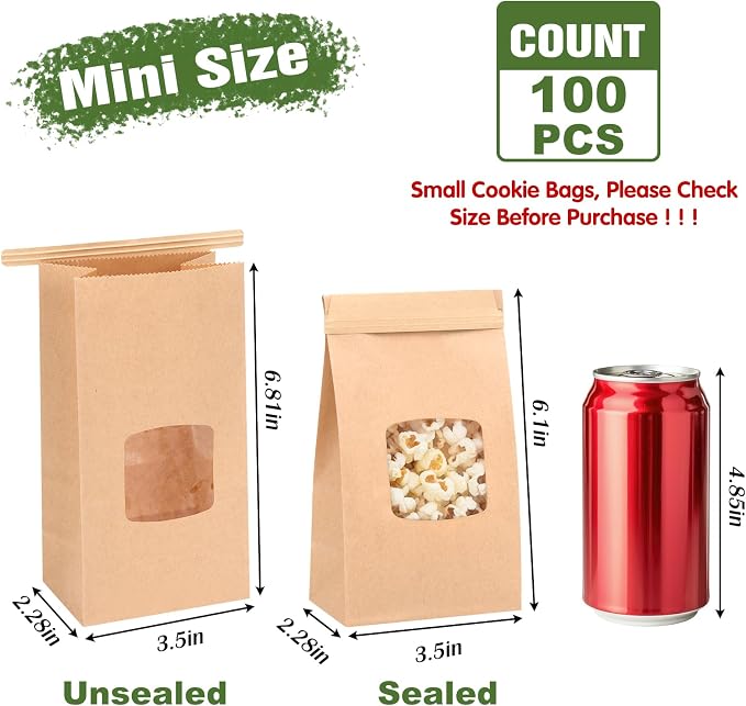 Moretoes 100pcs Small Bakery Cookie Bags with Seal,3.5x2.2x6.7In Treat Bags | Brown Kraft Paper Treat Bag with Window Seal by Tin Tie Tab for Homemade Bread Cookie Pastry Treat Bakery Gift Giving Packing - Image 2