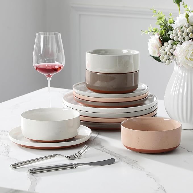 MALACASA Plates and Bowls Sets, 12 Pieces Modern Stoneware Dinnerware Set for 4 Kitchen Dinner Set Ceramic Dishware Dishes Set Microwave and Dishwasher Safe, Multicolor, Series TARA - Image 7
