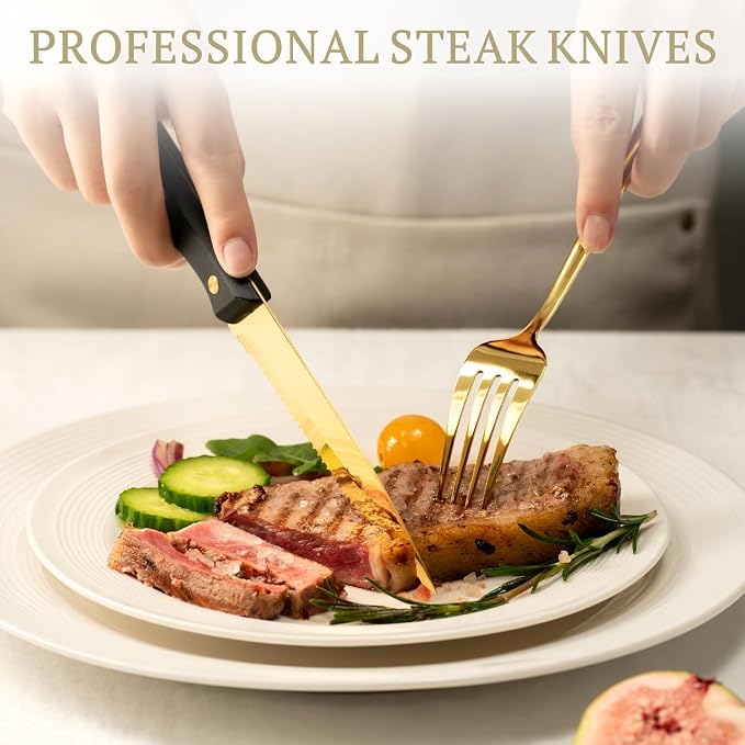 Astercook 24-Piece Silverware Set with Steak Knives Gold Flatware Set for 4 Food-Grade Stainless Steel Cutlery Set Mirror Polished Utensils Set Include Spoons and Forks for Home Kitchen Restaurant - Image 3