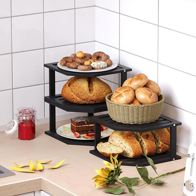 VERTORGAN 2 Tier Bamboo Corner Shelf 3 Pack Plate Organizer Kitchen(Black) | Pantry Storage,Dish Rack,Spice Rack,Corner Organizer,Kitchen Counter Shelves,Kitchen Storage,Holds Plates - Image 6