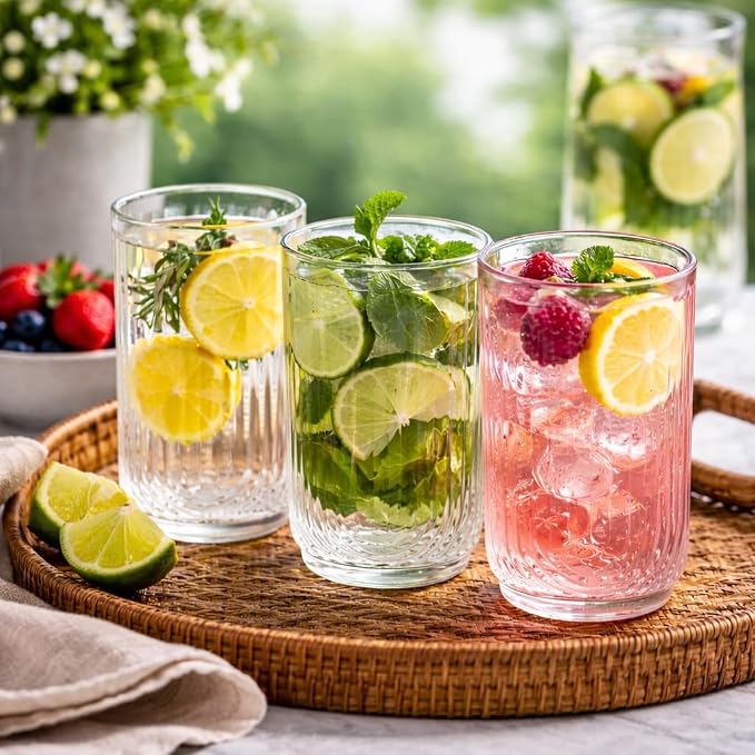 Glaver's Drinking Glasses Set of 8. 17oz Vintage Drinking Cups. Ripple Cocktail Glasses, Ribbed Drinking Highball Glass Cups. Arch Designed Art Deco Glassware for Water Juice Coffee. Package may Vary - Image 3