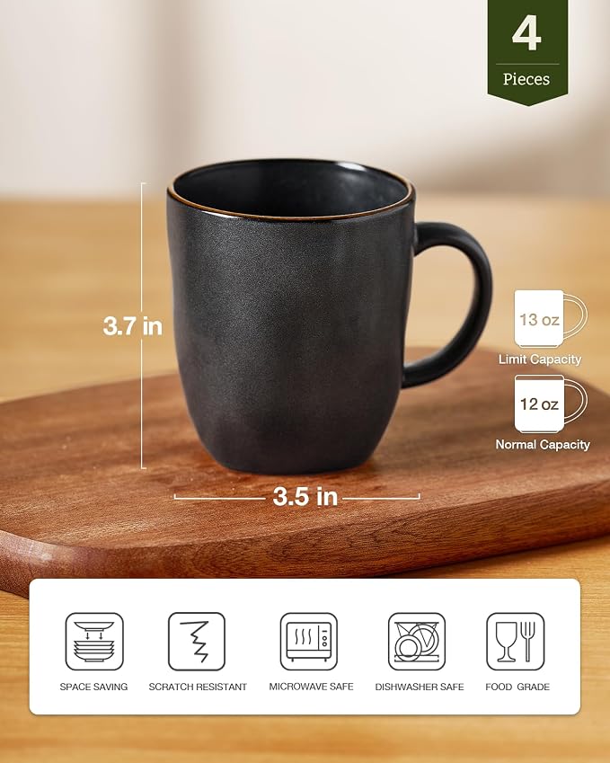 famiware Coffee Mugs Set of 4, Ocean Square 13oz Coffee Cup Set with Handle for Cocoa, Milk, Hot Chocolate, Tea, Water, Stoneware Cups for Kitchen, Microwave and Dishwasher Safe, Matte Black - Image 4
