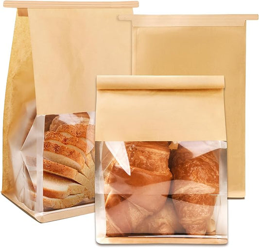 105 Pcs Bakery Bags with Window,Paper Cookie Packaging Bags | 5.1x6.2x10.5 Inches Ties Lock for Breads, Popcorn, Candies,Treats, Snacks, Baked Goods Packaging by Cegzer
