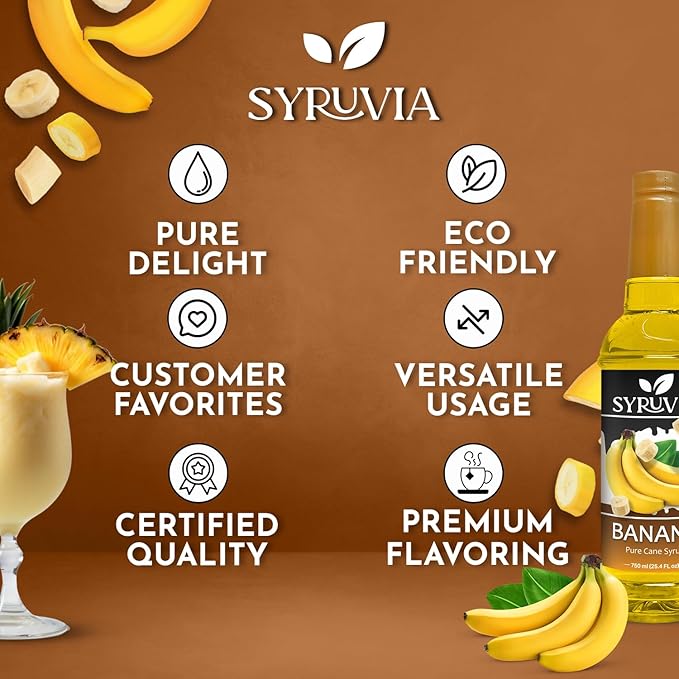 Syruvia Coffee Syrup, Banana Flavored Syrup for Drinks, Lattes, and Desserts – 25.4 fl oz,
