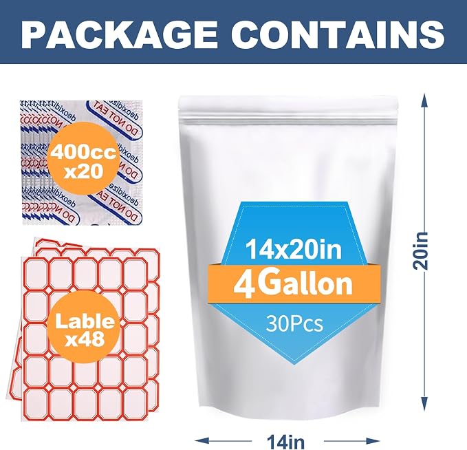 30PCS 4Gallon 14"X20" Mylar Bags for Food Storage with Oxygen Absorbers&Lables,10 Mil Thick Resealable Stand-Up Zipper&Heat Sealable Bags for Long Term Food Storage,Dried Food - Image 2