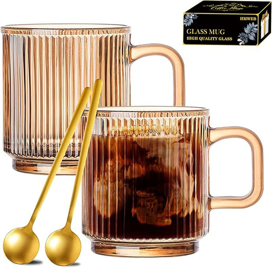 Glass Coffee Mug Espresso Cups for Coffee 12 oz Classical Vertical Stripes Glass Tea Cups Transparent Glasses for Latte Juice Chocolate Gift