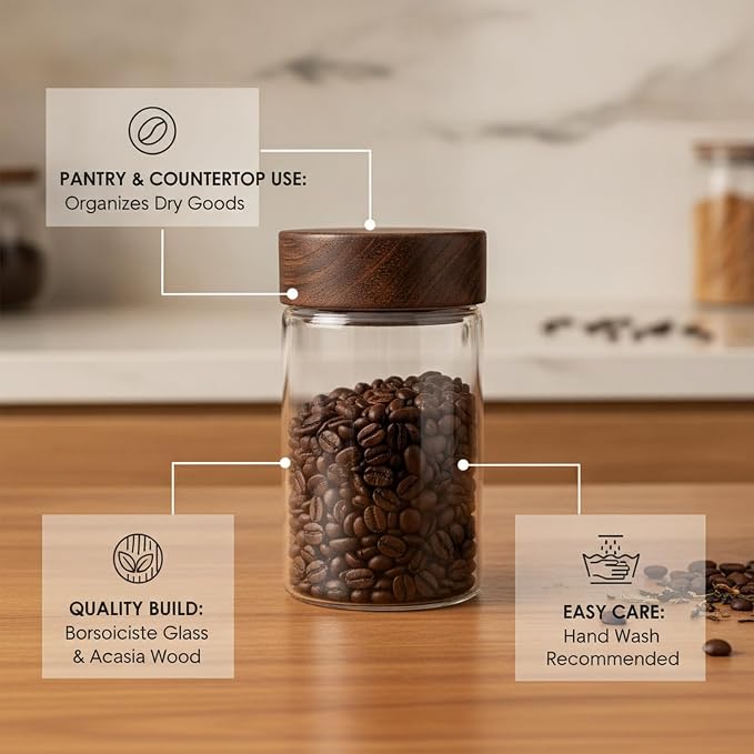 Glass Storage Jar with Acacia Wood Lid, Borosilicate Food Canister for Coffee Beans Tea Sugar Dry Pantry Staples (1 PC) - Image 4
