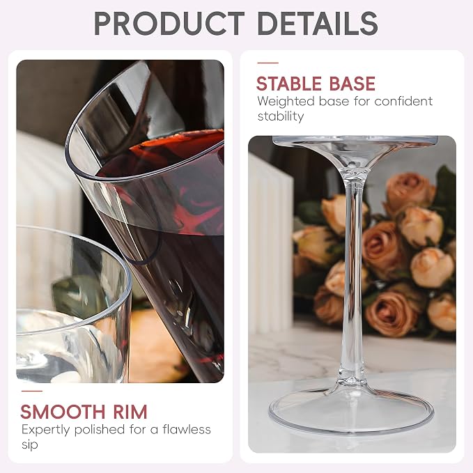 Lullaby 12PCS 9OZ Stemmed Clear Plastic Wine Glasses, Disposable Wine Cups | Elegant Plastic Champagne Glasses, Unbreakable and Crystal Clear Disposable Plastic Goblets for Party, Wedding and Daily Use - Image 3
