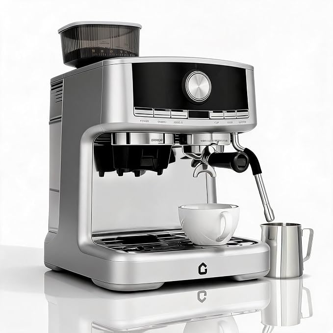 Semi‑Automatic Espresso Coffee Machine with Built‑in Grinder | Combine grinding and brewing within one machine,Silver sleek exterior matches diverse kitchen decor for daily homemade coffe by EcoSummer
