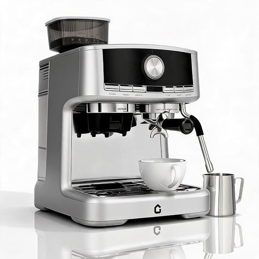 Semi‑Automatic Espresso Coffee Machine with Built‑in Grinder | Combine grinding and brewing within one machine,Silver sleek exterior matches diverse kitchen decor for daily homemade coffe by EcoSummer