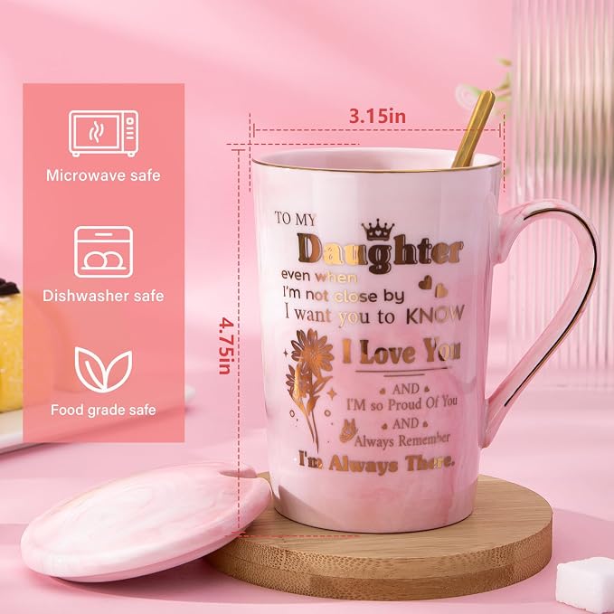 Daughter Birthday Gifts from Mom Dad - Unique 14oz Pink Marble Gold Print Coffee Mug, Lid, Spoon, Greeting Card, Presents for Wedding Blessing, Thanksgiving, Valentines, Graduation, Nice Gift Boxed - Image 2