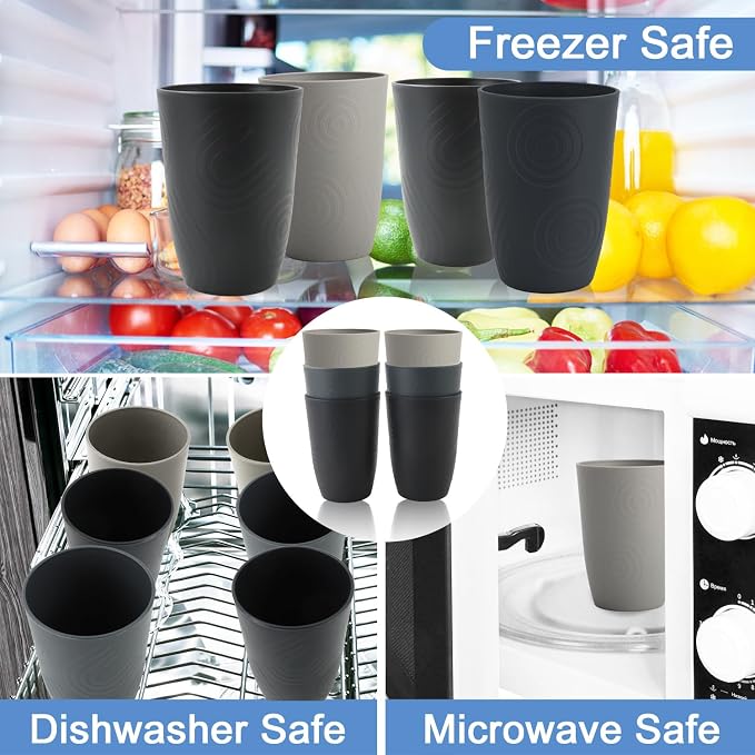 Wheat Straw Cups 6 PCS - 16 OZ Drinking Glasses, Unbreakable Drinking Cup, Alternative to Plastic Cups Reusable, Microwave and Dishwasher Safe Kitchen Cups, Water Tumbler(Black, Grey) - Image 4