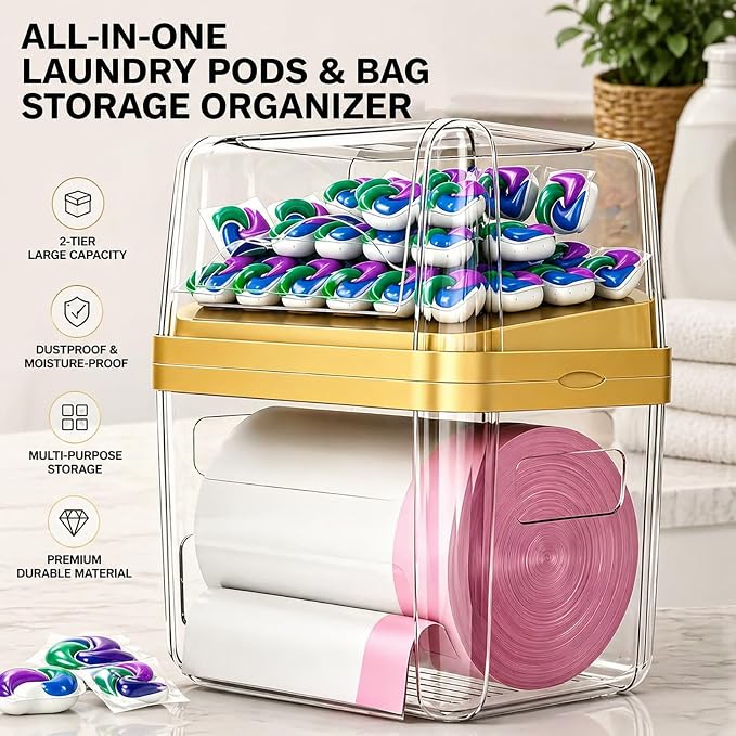 2-in-1 Trash Bag Dispenser & Laundry/Dishwasher Pods Container, Clear Acrylic Garbage Bag Holder with Removable Lids, Under Sink Organizer Kitchen Pantry Storage Box - Image 3