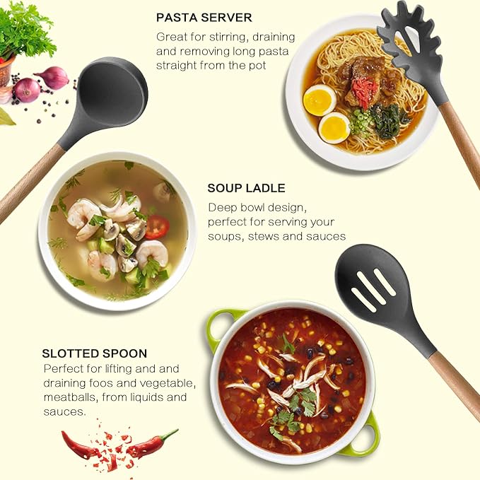 MIBOTE Silicone Cooking Kitchen Utensils Set, 17 Pcs, Wooden Handle, Grey | BPA-Free, Non-Toxic Silicone Turner, Tongs, Spatula, Spoon Set – Great for Nonstick Cookware, Heat-Resistant, Easy Clean - Image 2