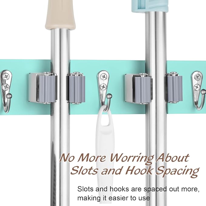 OUTNILI Turquoise Mop Broom Holder Wall Mount with 4 Slots & 4 Hooks - Wood Broom Mop Hanger for Pantry Closet Laundry Room Organization - for Teal Kitchen Decor and Accessories - Image 4