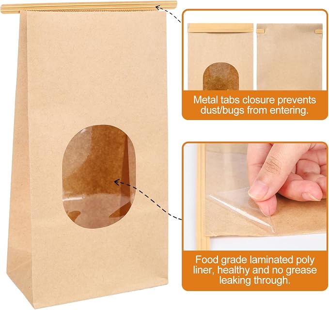 Bakery Bags with Window 60Pcs Kraft Paper Bags for Cookies Coffee | 5x2.75x9.6In Resealable Kraft Bakery Bags with Window & Tin Tie, Keep Cookies Coffee Beans Snacks Fresh & Displayed - Image 3