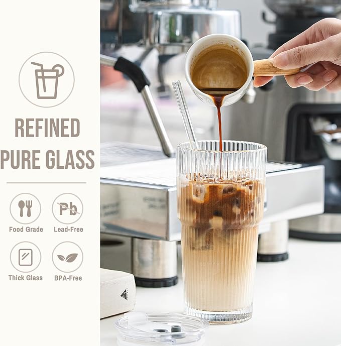 SoulTimes 20oz Ribbed Glass Tumbler with bamboo Lid and Straw – Iced Coffee Glasses Cups for Smoothie, Matcha, Juice, Water etc. Leakproof and Reusable Glassware Drinking for Travel To Go 【4 Pack】 - Image 6