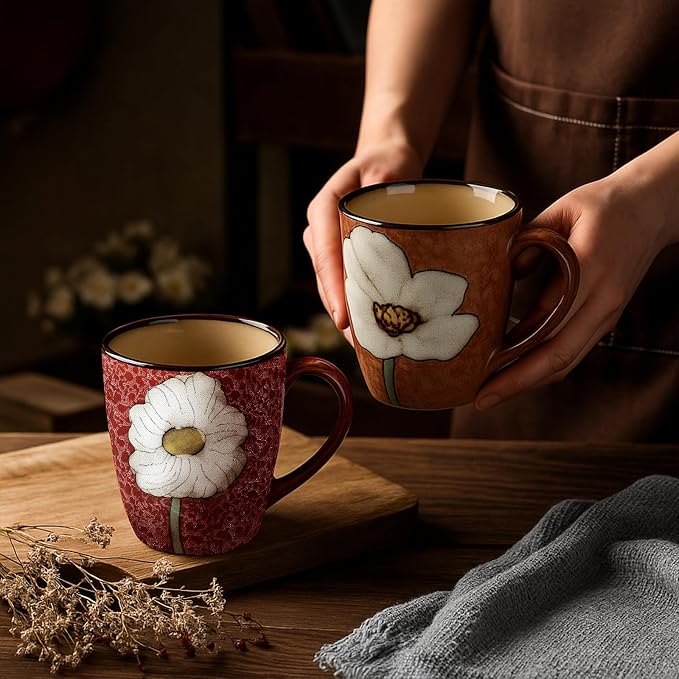 Maxdot 2 Pcs 12oz Ceramic Coffee Mugs Sets Glazing Process Cappuccino Mug Floral Ceramic Tea Cups Idea Gift Set for Women Porcelain Cup for Coffee, Cocoa, Tea, Latte (Retro) (Vintage) - Image 3