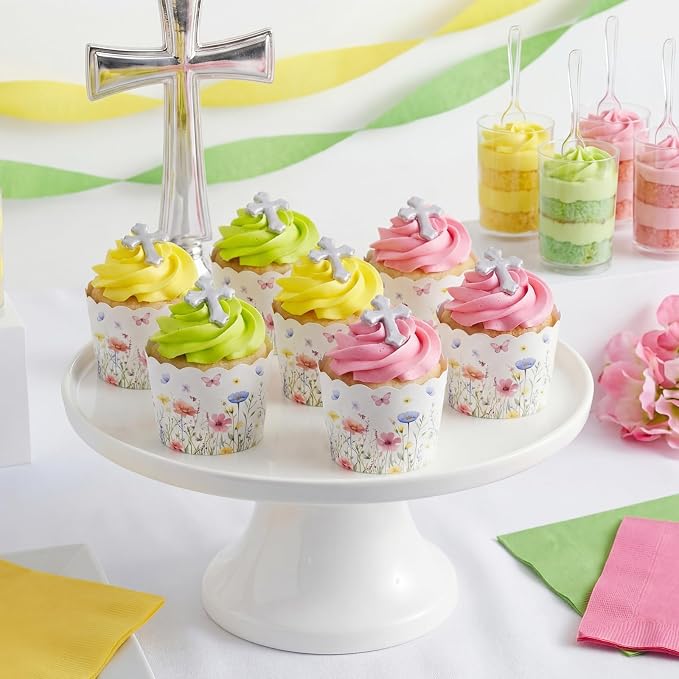 Qinyoung 150 Pcs Wildflower Cupcake Wrappers Liners Floral Paper Baking Cups Greaseproof Disposable Scalloped Flower Cupcake Muffin Cases for Spring Summer Wedding Baby Shower Birthday Tea Party Decor - Image 4