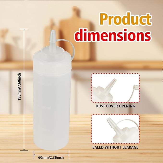 Squeeze Bottles for Sauces,Leak-Proof Condiment Dispenser, BPA-Free Kitchen Restaurant Squeeze Bottle Set with Wide Mouth for Ketchup, Mustard,Syrup,Dressings (White, 6Pack-12oz(300ml))