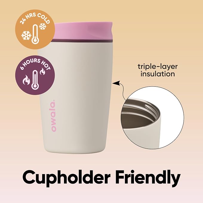 Owala SmoothSip Slider Insulated Stainless Steel Coffee Tumbler, Reusable Iced Coffee Cup, Hot Coffee Travel Mug, BPA Free 12 oz, Pink/Tan (Daybreak) (Pack of 8) - Image 3