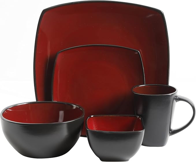 Gibson Elite Soho Lounge Square Reactive Glaze Stoneware Dinnerware Set, Service for 8 (40pc), Red/Black - Image 3