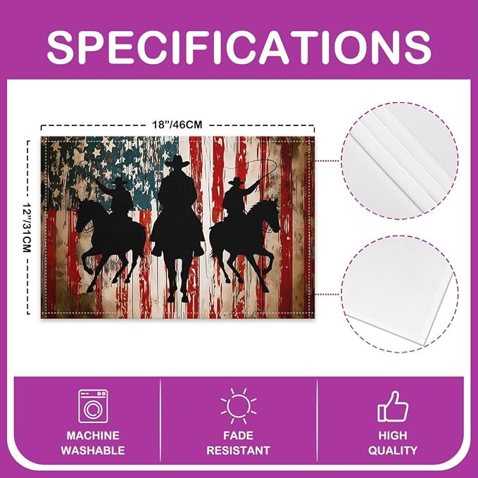 Feelyou Vintage Cowboy Placemats Set of 4 American Flag Table Mats for Party Kitchen Dining Decoration Western Patriotic Place Mat for Table Holiday Decor Indoor Outdoor 18"x12" Non-Slip Easy to Clean - Image 4
