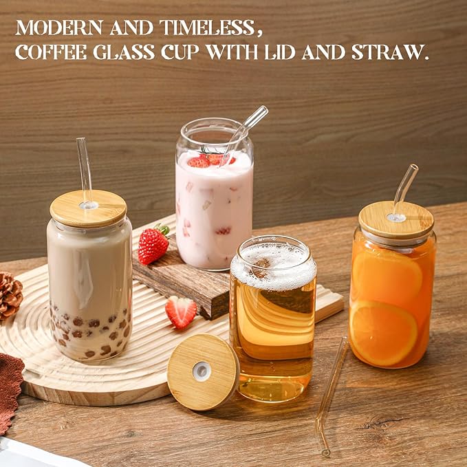 glass 16 ounces (approximately 453.6 grams), 1 glass with lid and straw - coffee cup, water, beer, cute tea, gift -1 cleaning brush, 2 straw