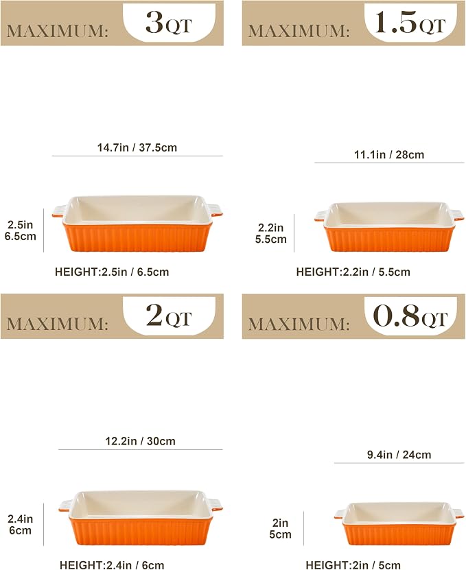 MALACASA Casserole Dishes for Oven, Ceramic Baking Dishes Set of 4,Orange | Rectangular Lasagna Pans Bakeware for Roasting Vegetable, Gratins, Gift Set, Oven Dishwasher Safe (9.4/11.1/12.2/14.7") - Image 2