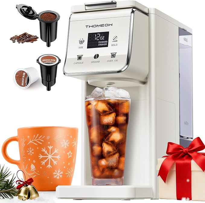 Coffee Maker Hot & Iced With Bold Setting,Single Serve Coffee Maker For K Cup And Grounds,52 Oz Removable Water Tank,6-14 Oz Brew Sizes,One Cup Kcup Coffee Machine With Reusable Filter, White by TWOMEOW