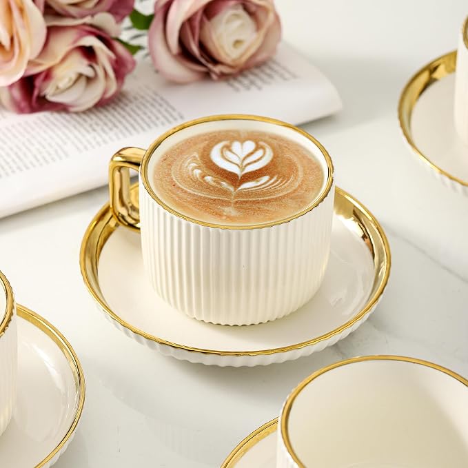 LETAOTAO Cappuccino Cups with Saucers, 8oz Ceramic Coffee Cups with Saucers Set, Latte Art Coffee Mugs with Gold Trim, Tea Cups Set of 4, British/Italian Coffee cups for Cafe Mocha, Double Espresso - Image 7