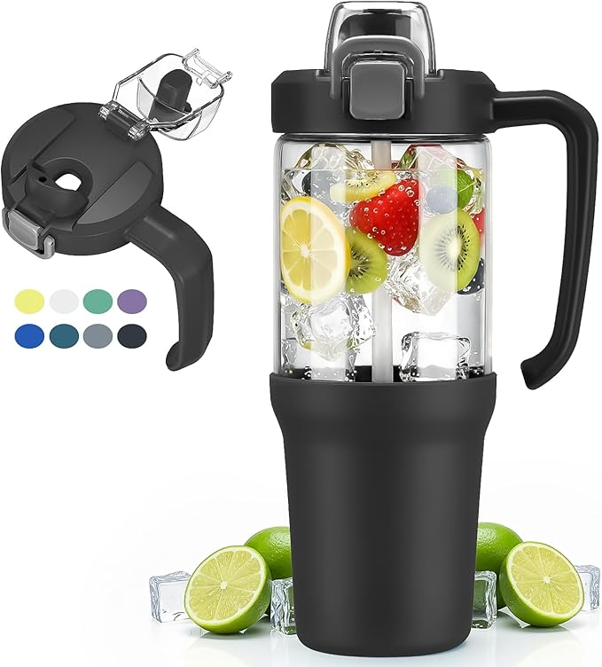 32 oz Glass Tumbler with Handle, 2-in-1 Straw and Sip Spout, Leakproof, BPA-Free Glass Water Bottle for Sports, Office, School, Black