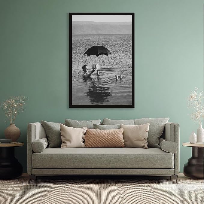 UXCBIA Man Floating in Lake With Book And Umbrella, Old Photography 1920s, Black And White Poster Canvas Poster Bedroom Decor Sports Landscape Office Room Decor Gift Black Frame 24x36in(60x90cm) - Image 5