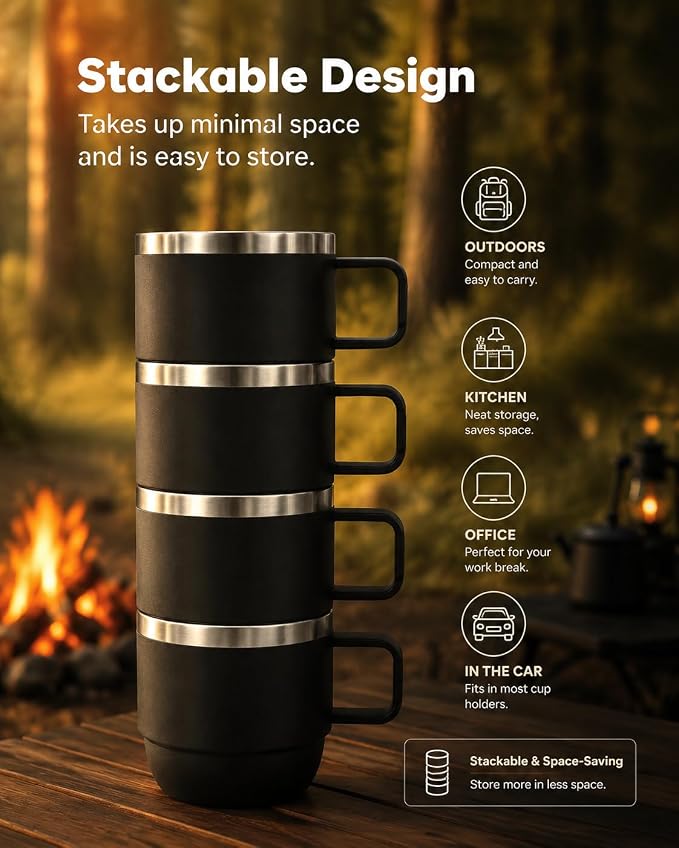 6 oz Stackable Mug, Stainless Steel cup with handle, Vacuum Insulated Espresso/Coffee Mug, shot Glass Set for 2-Piece Set for Coffee, Spirits, Wine, Tea- black - Image 7