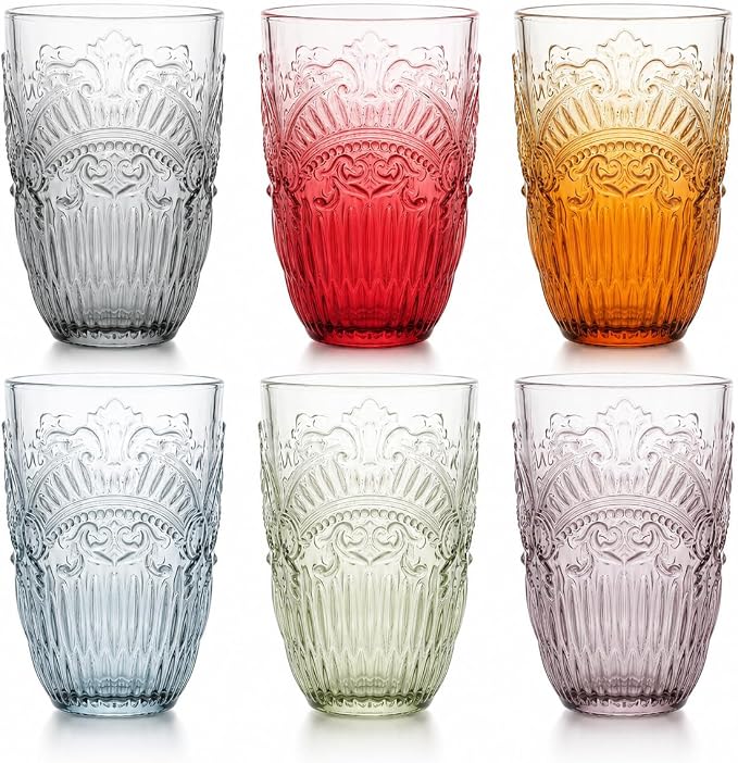 13 OZ 6 Pack Vintage Drinking Glasses Set, Colorful Textured Glass Water Tumblers Cups -Embossed Striped Glassware for Water, Cocktails, Juice, Iced Coffee, Beer(Imperial Arch style) by forhaodejia