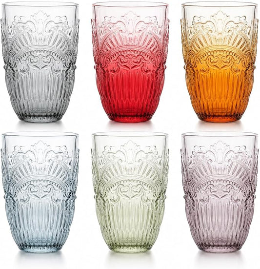 13 OZ 6 Pack Vintage Drinking Glasses Set, Colorful Textured Glass Water Tumblers Cups -Embossed Striped Glassware for Water, Cocktails, Juice, Iced Coffee, Beer(Imperial Arch style) by forhaodejia