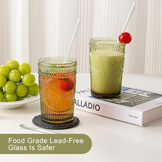 ZMOWIPDL Drinking Glasses Set of 6,13oz Flower Design Green Glass Cups | Vintage Glassware,Textured Tumblers,Embossed Striped Drinkware for Water,Cocktails,Juice,Iced Coffee - Image 4