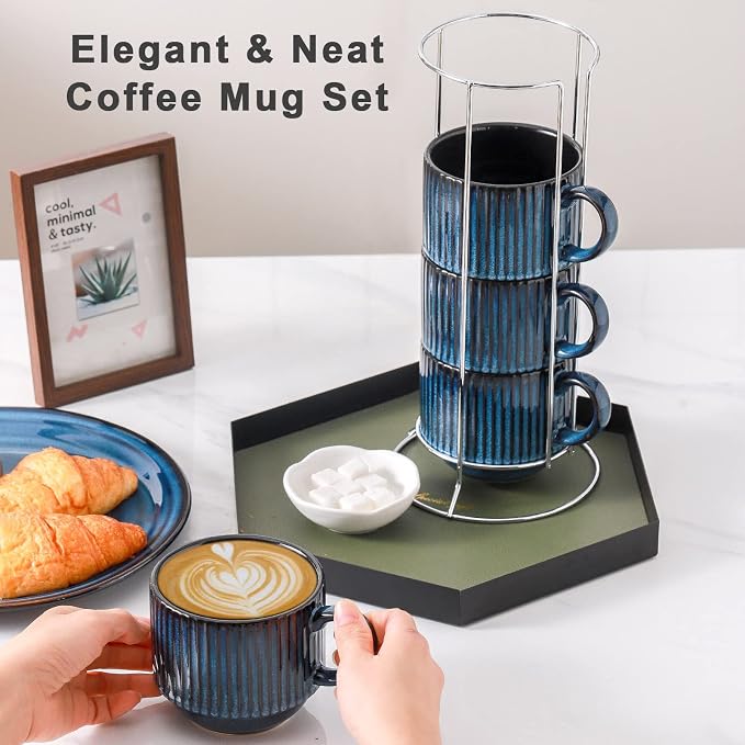 HASENSE 15 Oz Ribbed Stackable Coffee Mug Set of 4, Ceramic Latte Cups with Metal Stand, Dishwasher & Microwave Safe, Navy Blue for Cappuccino Tea Hot Cocoa - Image 2