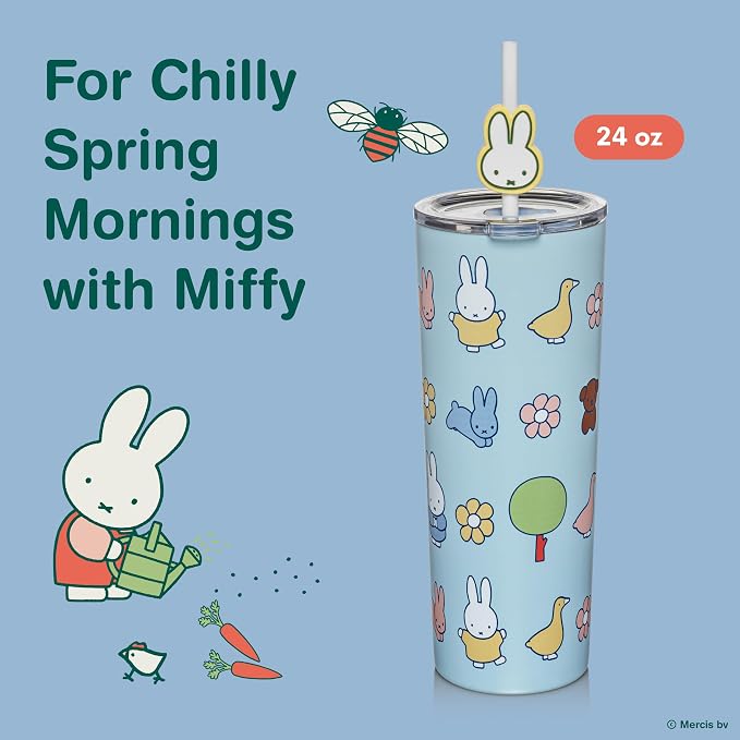 Dragon Glassware | Miffy Stainless Steel Tumbler with Straw, 24 oz - Blue | Vacuum Insulated Stainless Steel Tumbler with Straw & Lid; Double Walled Tumbler with Straw Charm; Miffy Cup with Lid - Image 2