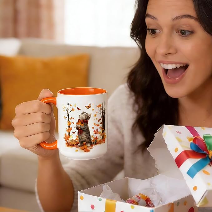 Cat Mug for Cat Lovers, Cute Kitten Fall Coffee Mugs, White, 15oz | Ceramic, Maple Leaf Tea Cup with Orange Handle, Ideal for Hot & Cold Drinks, Fun Novelty Gift for Women, Coworkers - Image 8