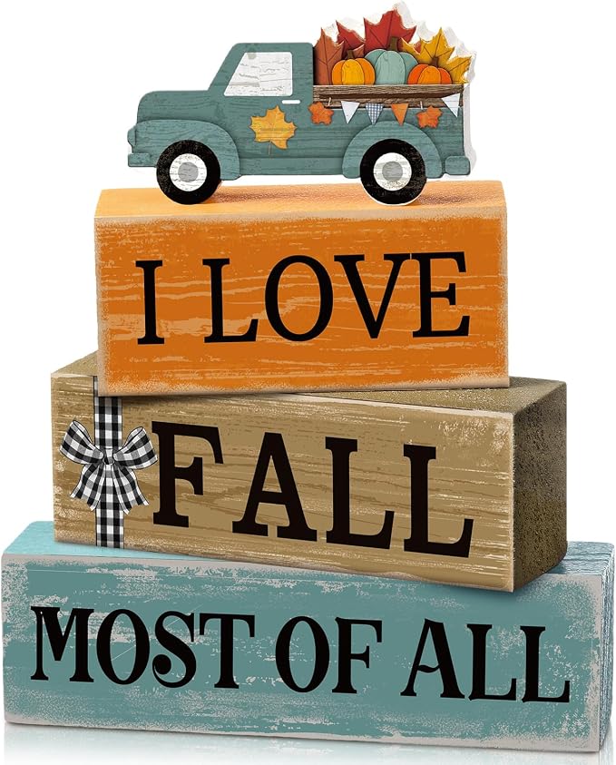 4 Pcs Thanksgiving Decoration for Home Fall Truck Decor Fall Tiered Tray Decor Rustic Wooden Truck Block Sign Gift Thanksgiving Centerpiece Autumn Table Decorations for Harvest Party Kitchen Home by Moucuny