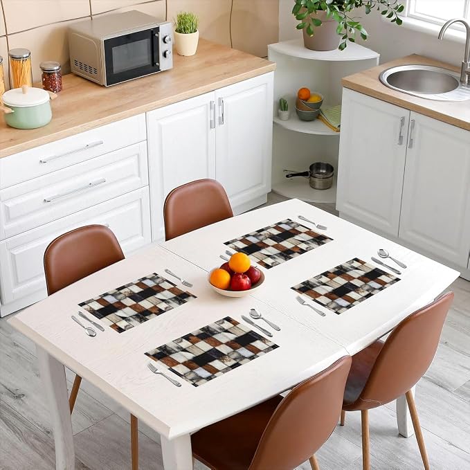 Feelyou 3D Cow Fur Print Placemats Set of 4 12x18 Inch Cowhide Patchwork Plaid Table Mats for Party Kitchen Dining Decoration Holiday Seasonal Western Farmhouse Animals Place Mat for Dinner Table - Image 3