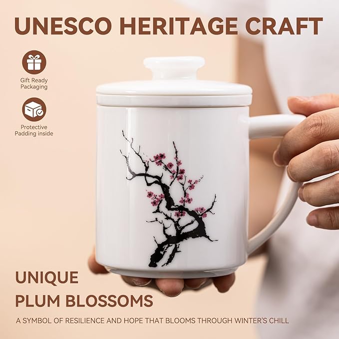 Ceramic Tea Mug with Infuser & Lid - 15oz Loose Leaf Tea Cup with Infuser,Hand-Painted Plum Blossom - Resilience & Elegance,Insulated Ceramic Coffee Mugs with Lid, Gift Set for Women/Men