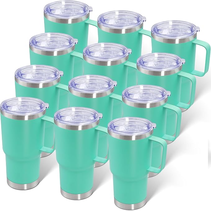 20 oz Tumbler with Handle and Lid Insulated Travel Coffee Mug LightBlue 12P | Stainless Steel Tumbler, coffee tumbler with handle,Spill Proof Double Wall Vacuum Tumbler Cup Keep Drink Hot & Cold by ATQTQ