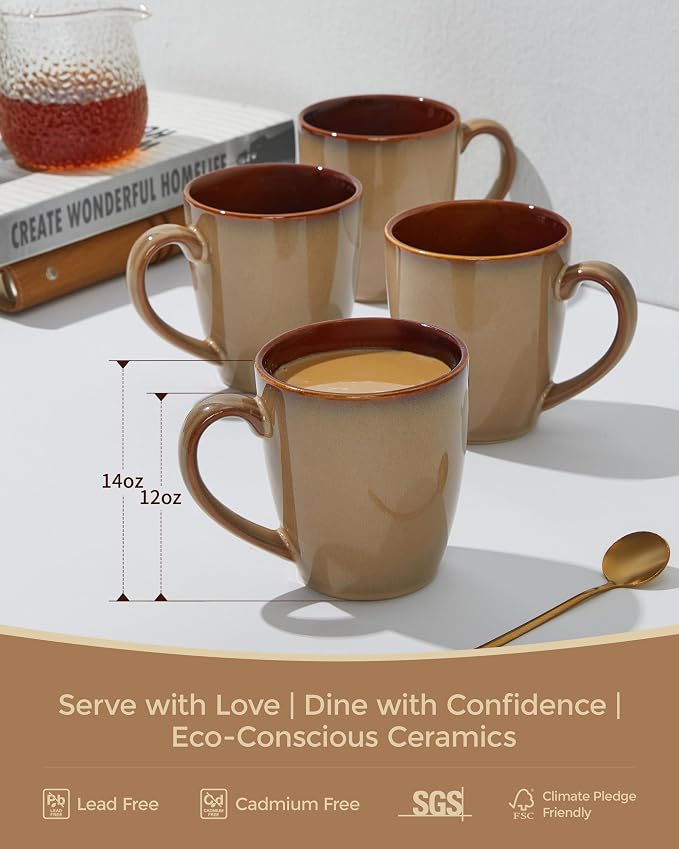 Pokini Coffee Mug 14 oz, Ceramic Coffee Mugs Set of 4, Reactive Glaze Mug for Latte/Tea/Cappuccino, Large Stackable Mug Set for Men, Women, Dad, Mom, Dishwasher & Microwave Safe, Brown Yellow - Image 3