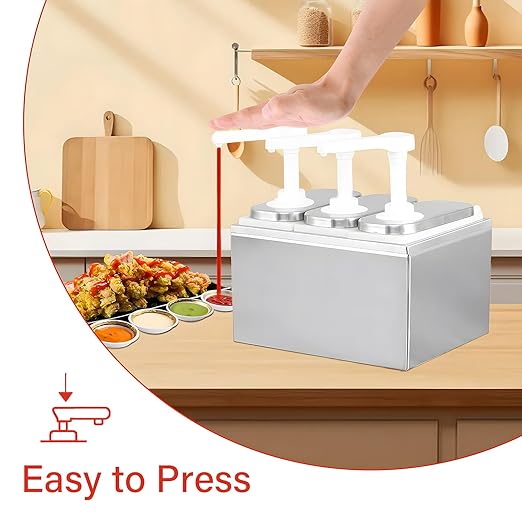 Sauce Dispenser Pump, 6L Stainless Steel Condiment Pump Dispenser, Condiment Pump Station with 3 Jars, Large Three Head Ketchup Dispenser